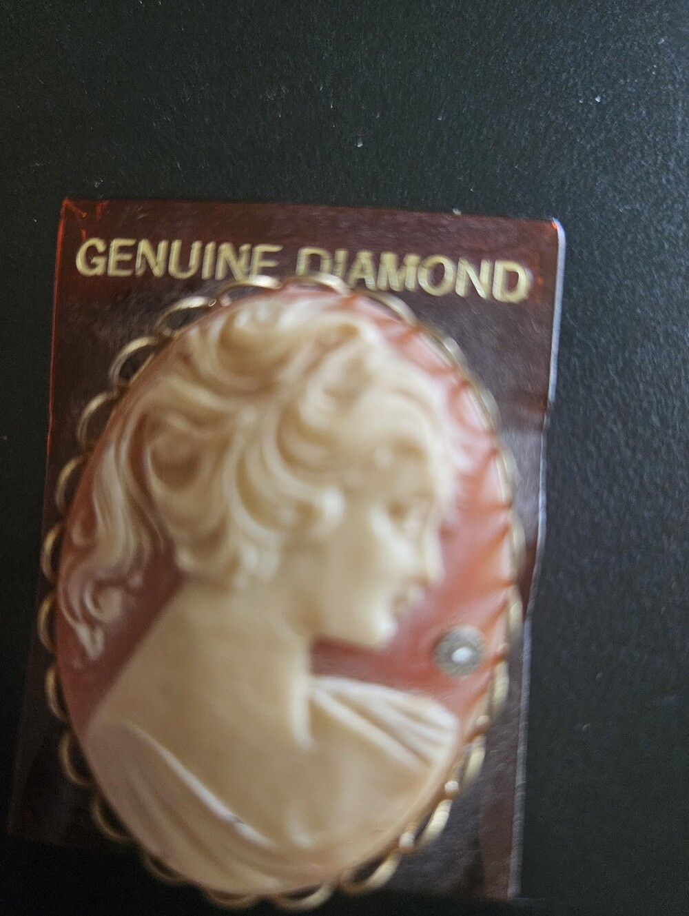 Vintage Cameo Brooch in Cream and Coral with Genuine Diamond Accent